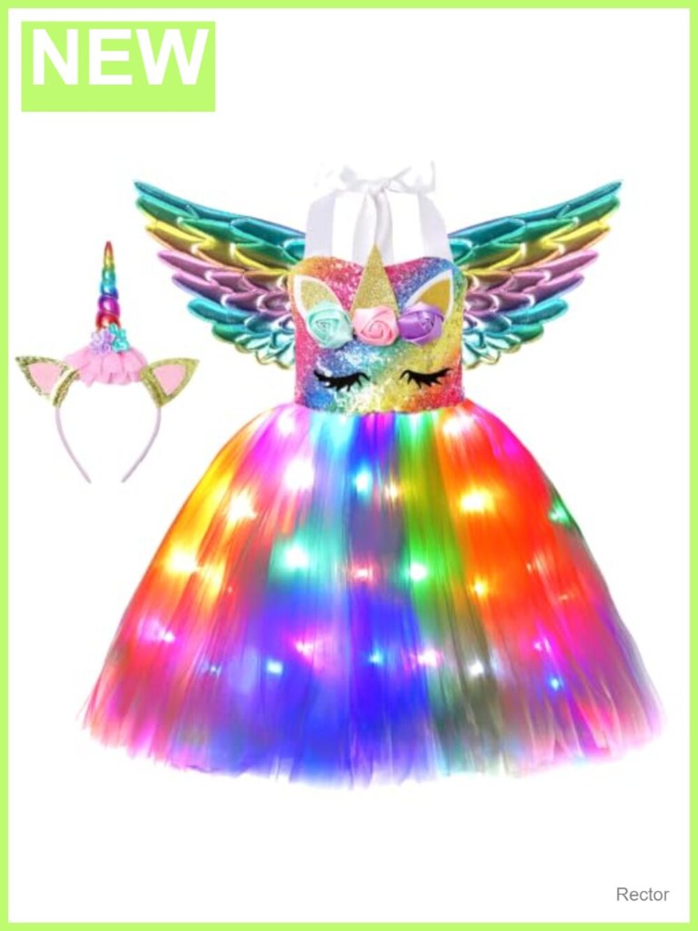 Girls Unicorn LED Light Up Costume Dress with Headband and Wings